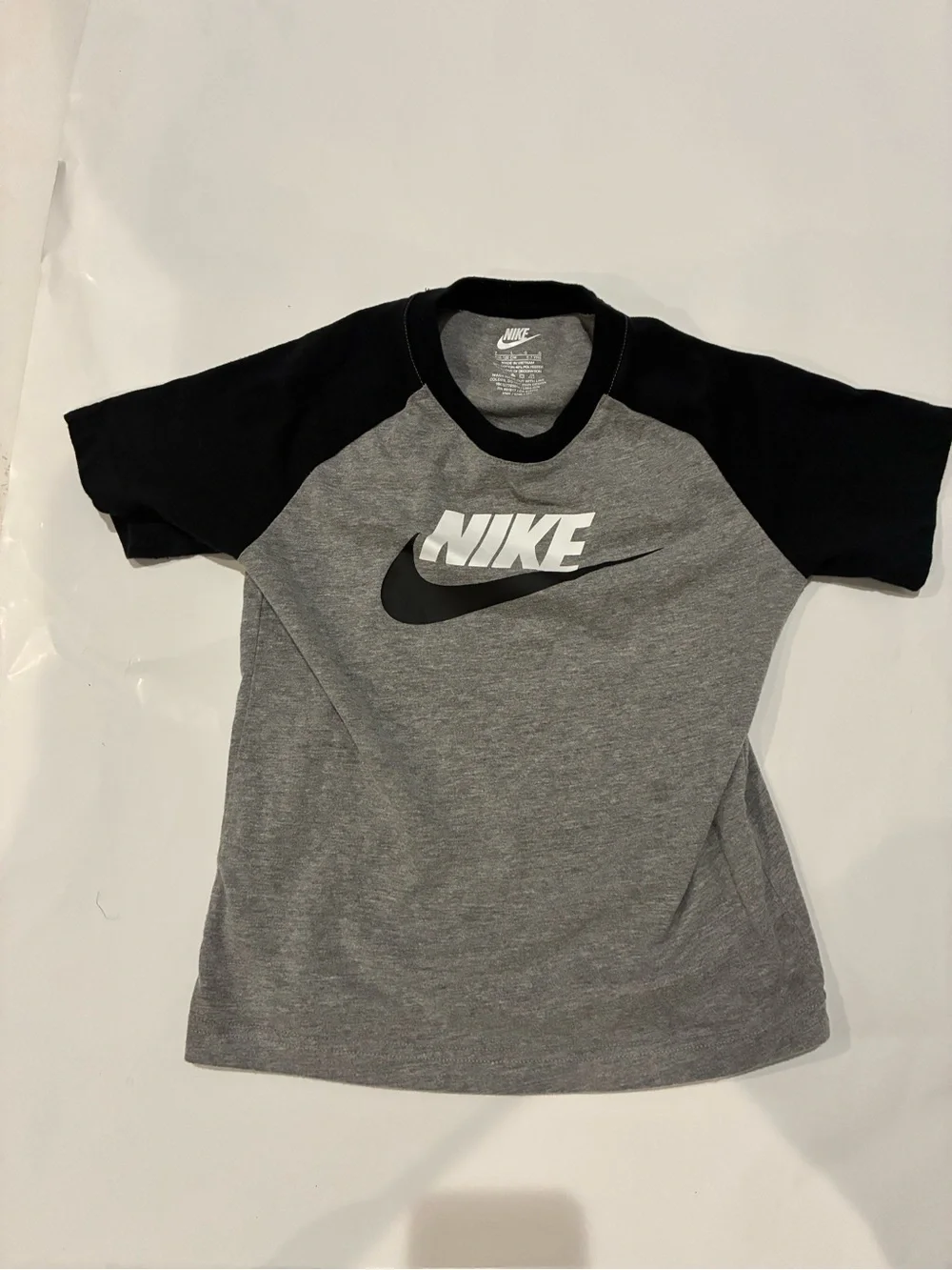 Nike Grey Tee with Black Raglan Sleeves and White Logo